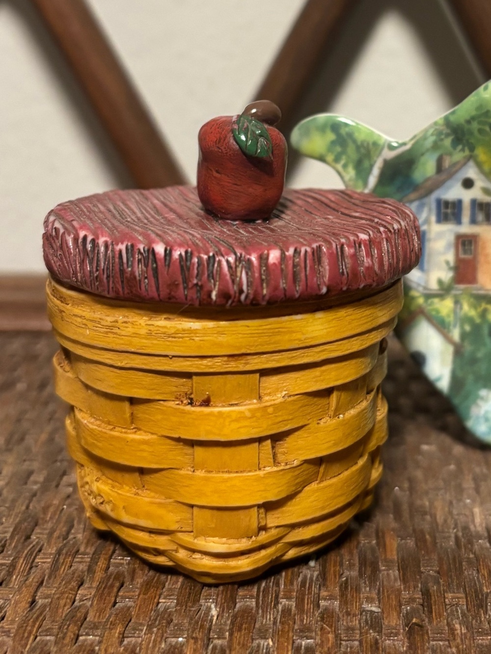 Yellow Basket-Style Trinket Jar with Red Lid and Apple Accent